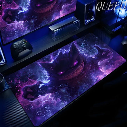 An XXL gaming mouse pad featuring Gengar with glowing purple eyes and a toothy grin amidst dark, glowing energy.