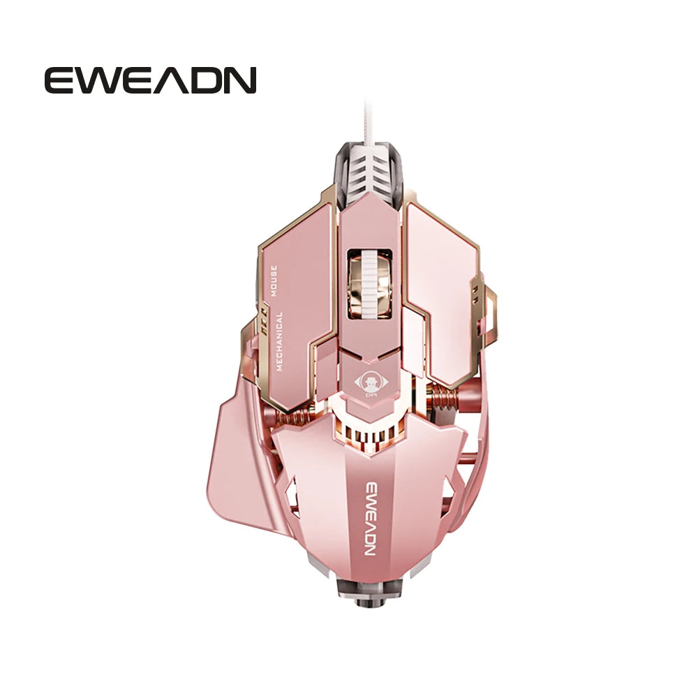 Pink and rose gold EWEADN wired gaming mouse with a mechanical, angular design and thumb rest.