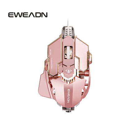 Pink and rose gold EWEADN wired gaming mouse with a mechanical, angular design and thumb rest.