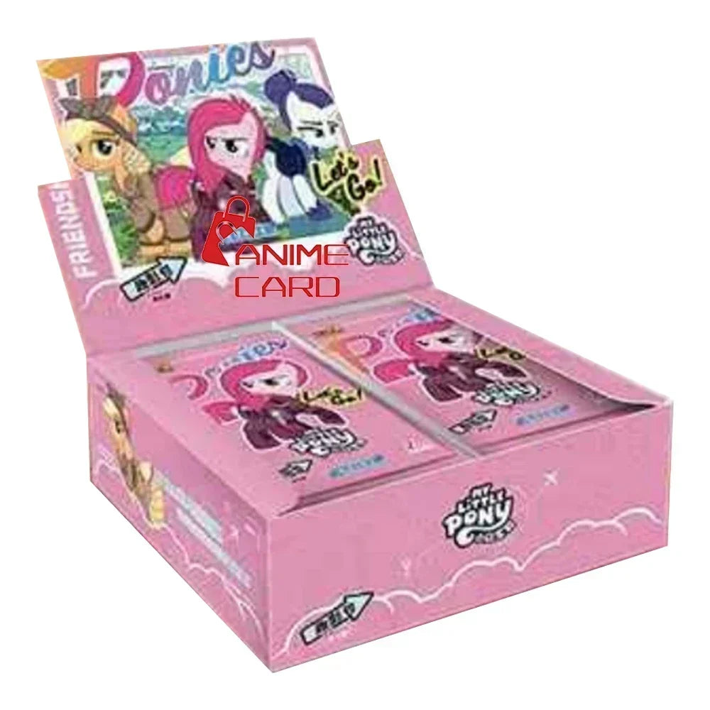 Pink My Little Pony trading card display box filled with foil booster packs.