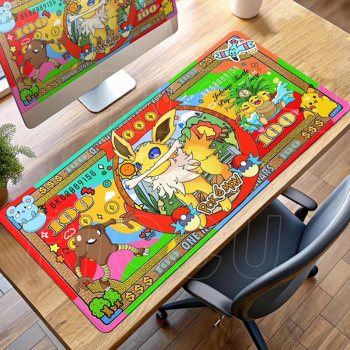 Colorful Pokémon desk mat featuring Eevee, Pikachu, and Hitmonlee on a bank note design.