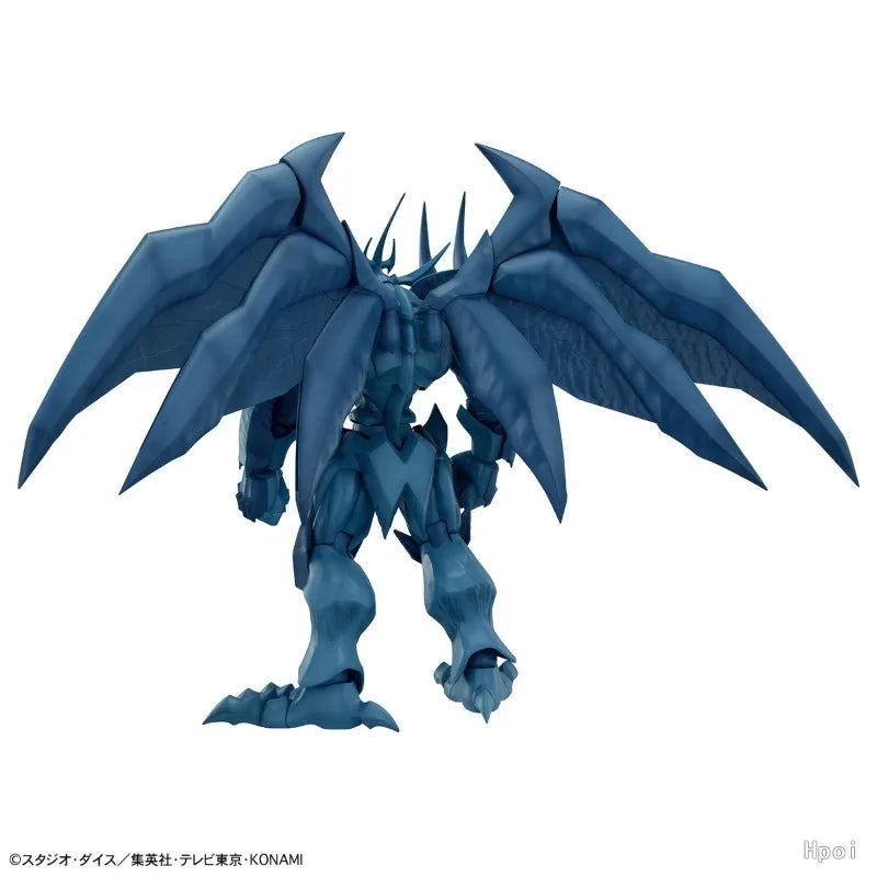 Rear view of Slifer the Sky Dragon model toy in blue, featuring large spiky wings, horns, and taloned feet.