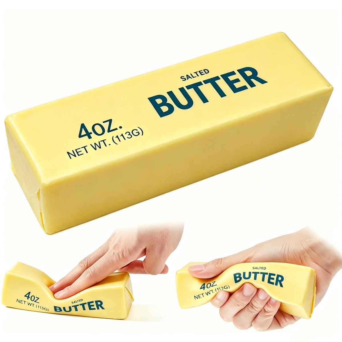 A yellow butter stick labeled "SALTED BUTTER 4oz. NET WT." shown whole and being squeezed by hands.