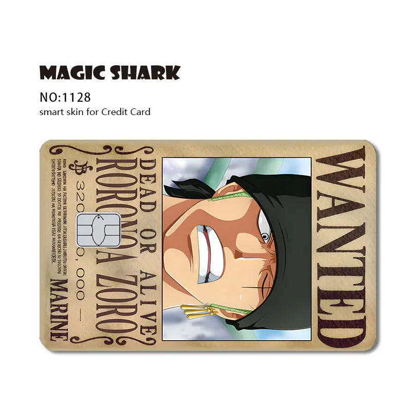Beige Roronoa Zoro wanted poster credit card skin with black text and a chip cutout.