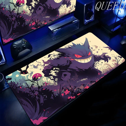 XXL gaming mouse pad featuring Gengar with red eyes in a purple, cream, and pink forest scene with a Poké Ball.