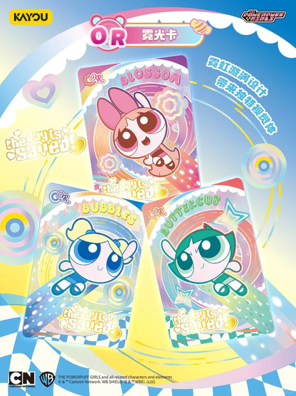 Three Powerpuff Girls collectible cards featuring Blossom, Bubbles, and Buttercup against vibrant, pastel backgrounds.