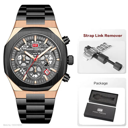 MINI FOCUS Motley Chronograph Quartz Watches Men Stainless Steel Business Sport Wristwatch with Luminous Hands Auto Date 0411
