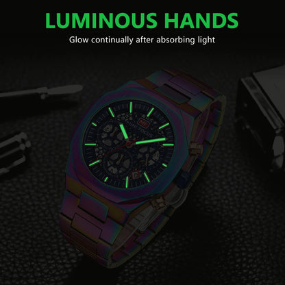 MINI FOCUS Motley Chronograph Quartz Watches Men Stainless Steel Business Sport Wristwatch with Luminous Hands Auto Date 0411