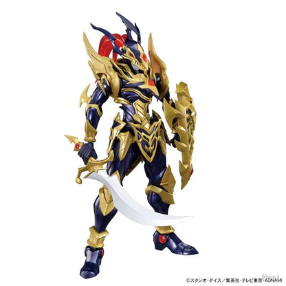 Posable action figure in dark blue and gold armor, holding a curved sword and shield, with a red plume.