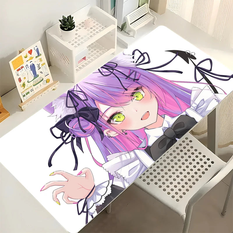 Anime mousepad featuring Tokoyami Towa with purple and pink hair, green eyes, and black bows.