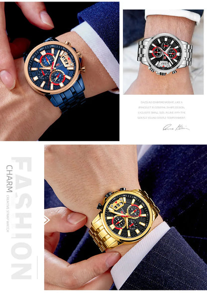 MINI FOCUS Motley Watches for Men Fashion Sport Chronograph Quartz Wristwatch with Date Luminous Hands Stainless Steel Strap Man