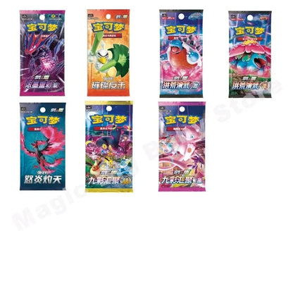 Seven colorful Pokémon Chinese trading card booster packs featuring characters like Mew and Eevee.