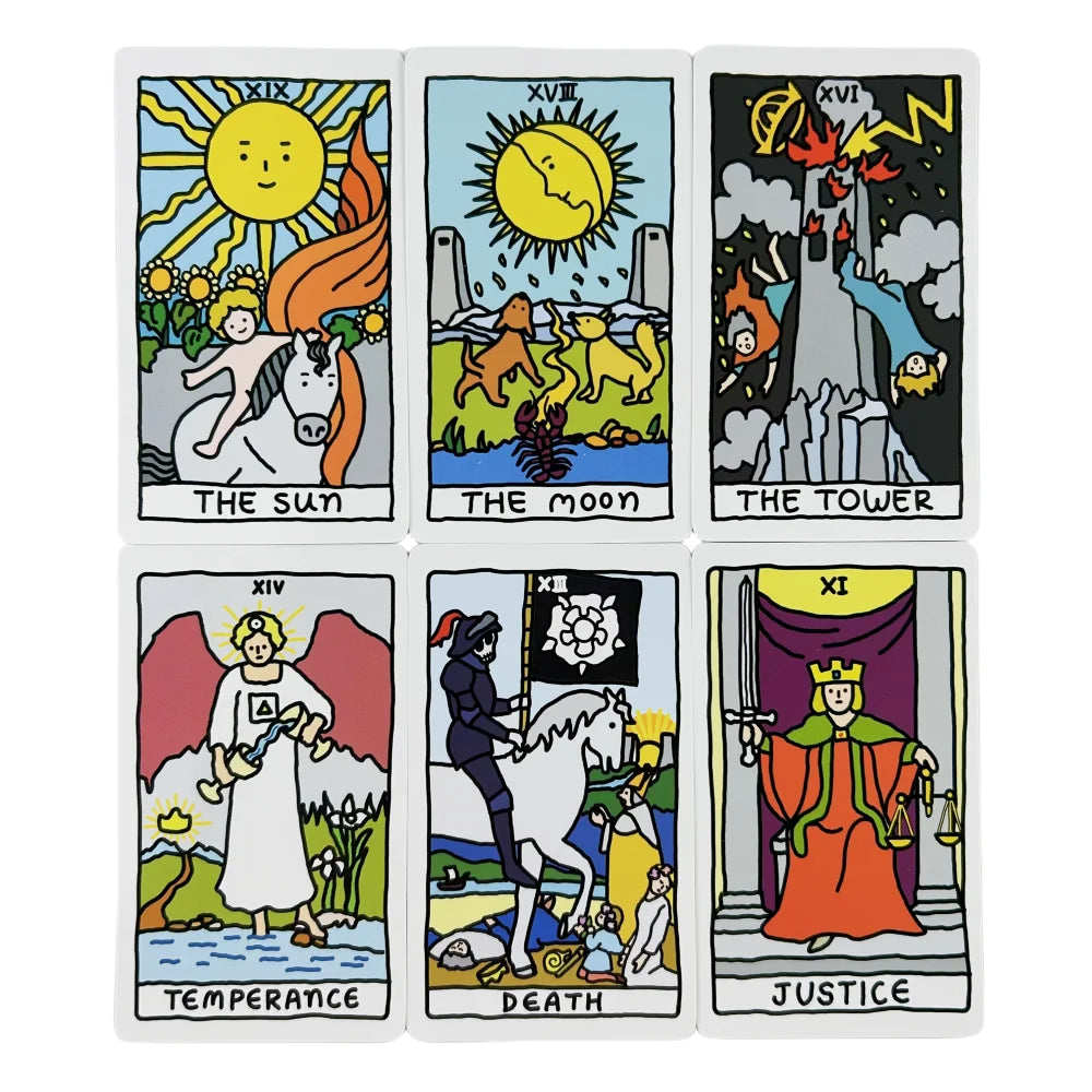 Six colorful, cartoon-style tarot cards featuring bold outlines, including The Sun, The Moon, The Tower, Temperance, Death, and Justice.