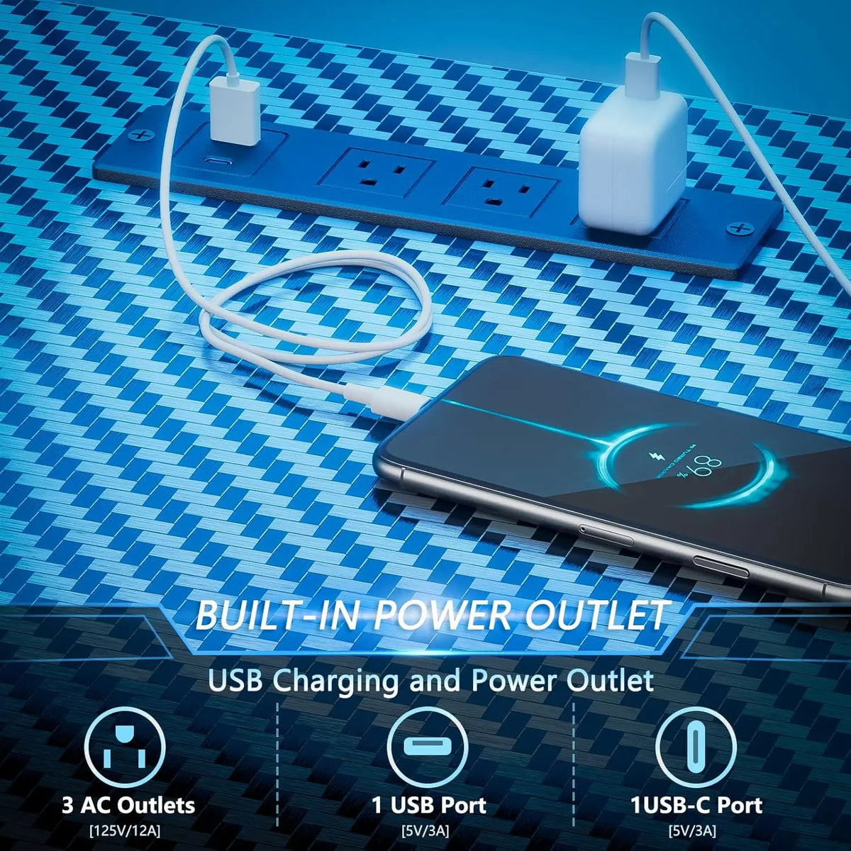 Carbon-fiber desk surface in blue and black, with a built-in power strip charging a smartphone.