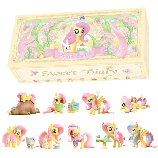 Yellow and pink My Little Pony Sweet Diary blind box packaging and nine Fluttershy mini figurines in various poses.