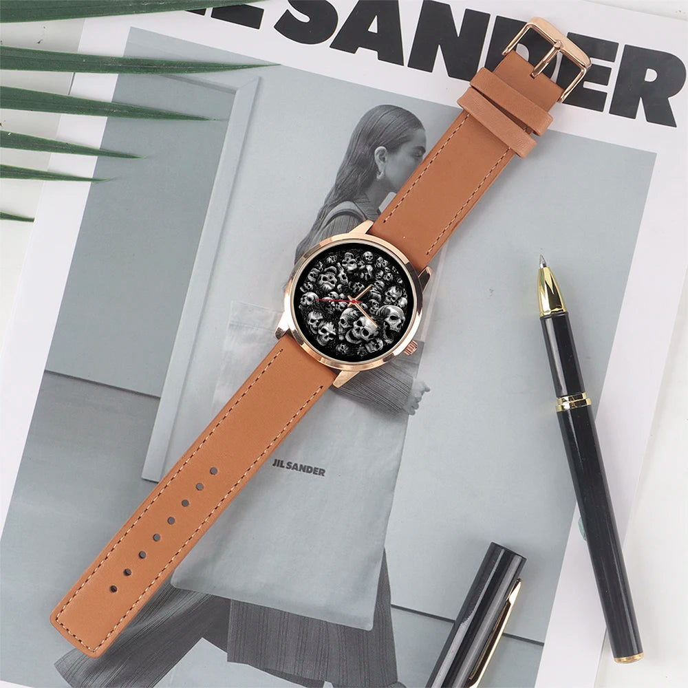Skeleton Skull Dial Gentleman Quartz Watch Men Personalized Wristwatch Black Fashion Souvenir Gift For Male Friend Husband