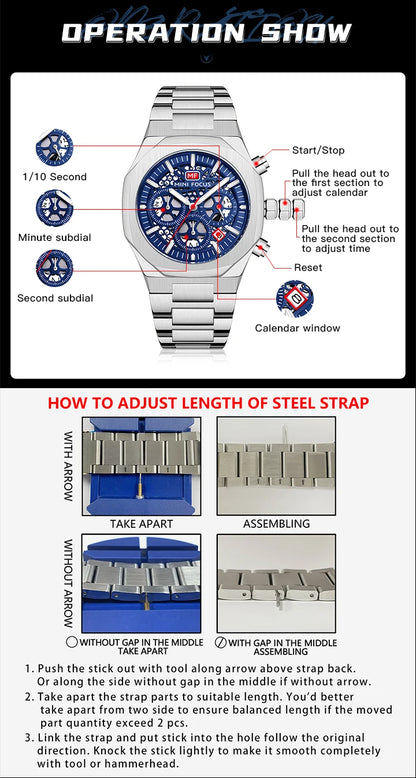 MINI FOCUS Motley Chronograph Quartz Watches Men Stainless Steel Business Sport Wristwatch with Luminous Hands Auto Date 0411