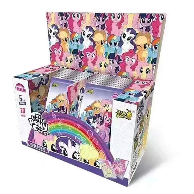 My Little Pony card box with pink and purple branding, featuring colorful pony characters and a rainbow design.