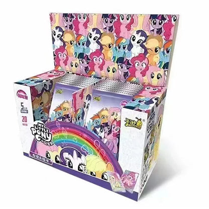 My Little Pony card box with pink and purple branding, featuring colorful pony characters and a rainbow design.