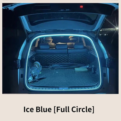 An open car trunk with an ice blue LED light strip outlining the frame.