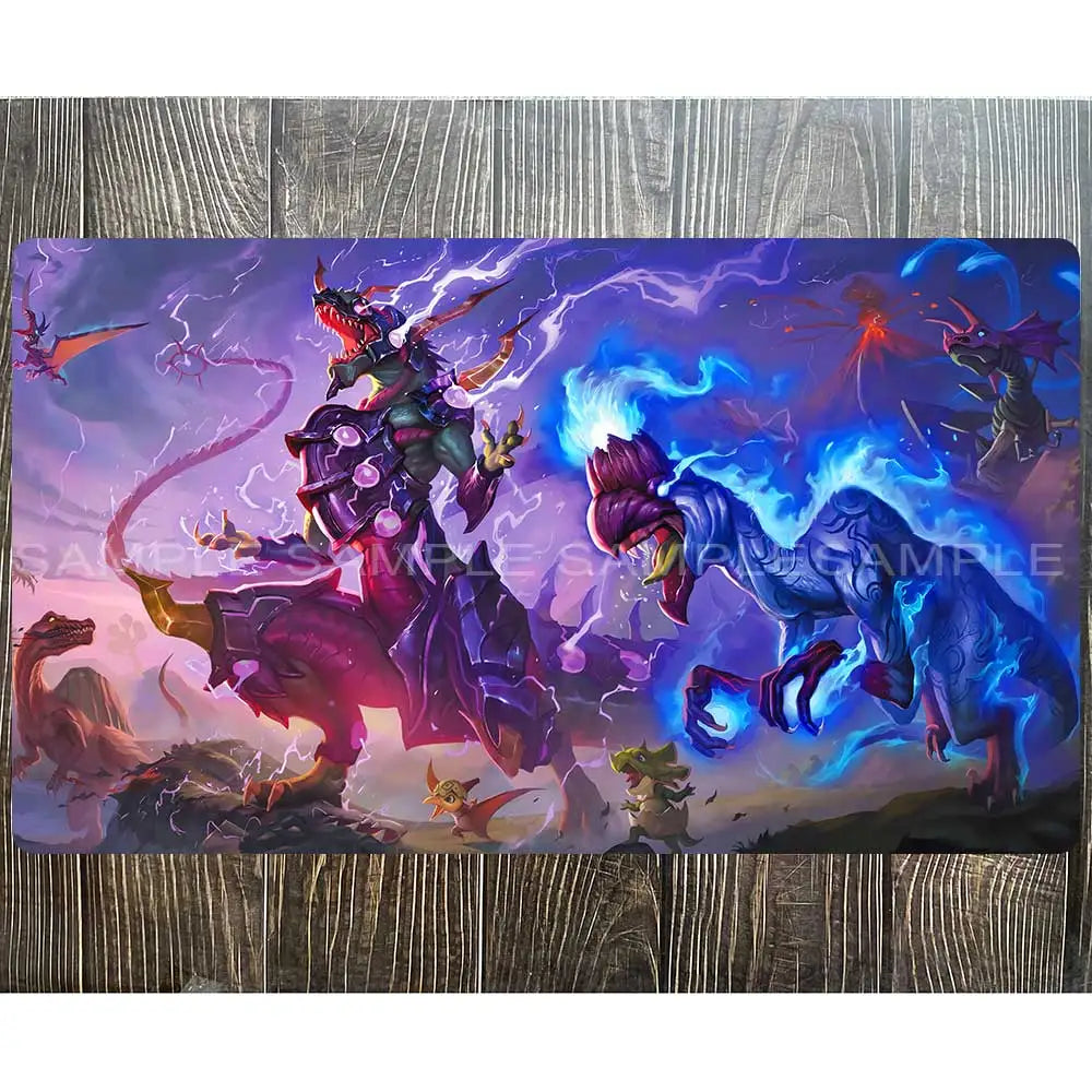Colorful Yu-Gi-Oh playmat featuring armored dinosaur creatures in a fantasy landscape with purple and blue lightning.