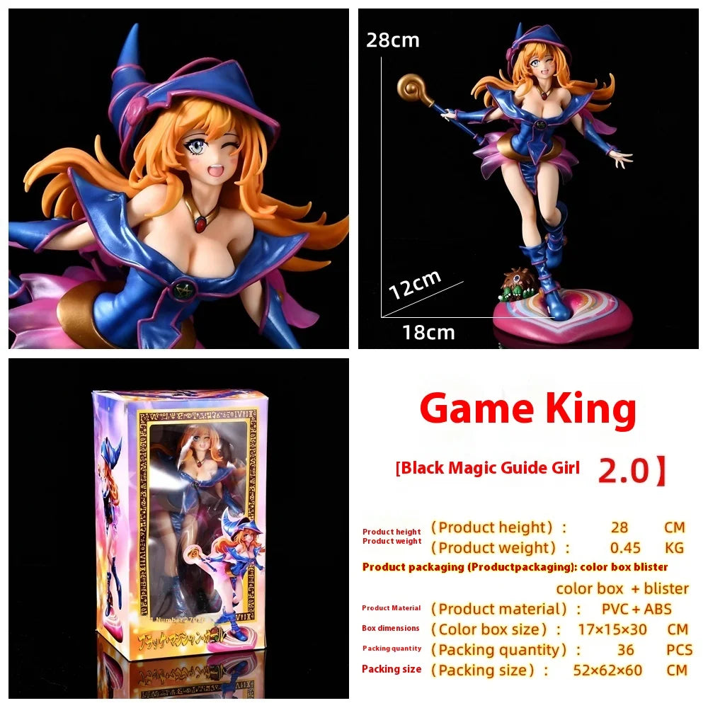 Dark Magician Girl anime figure with orange hair, blue and pink outfit, staff, and box with text.