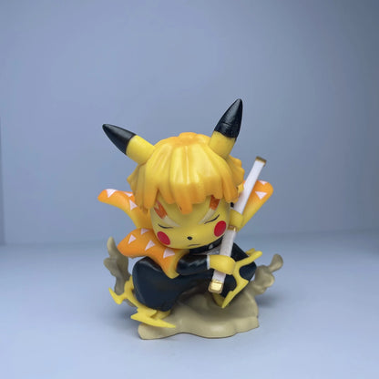 Yellow Pikachulike figurine with spiked blacktipped ears, yellow hair, patterned orange cape, and sword.