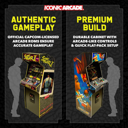 Two Iconic Arcade Street Fighter II home arcade cabinets against a black background.