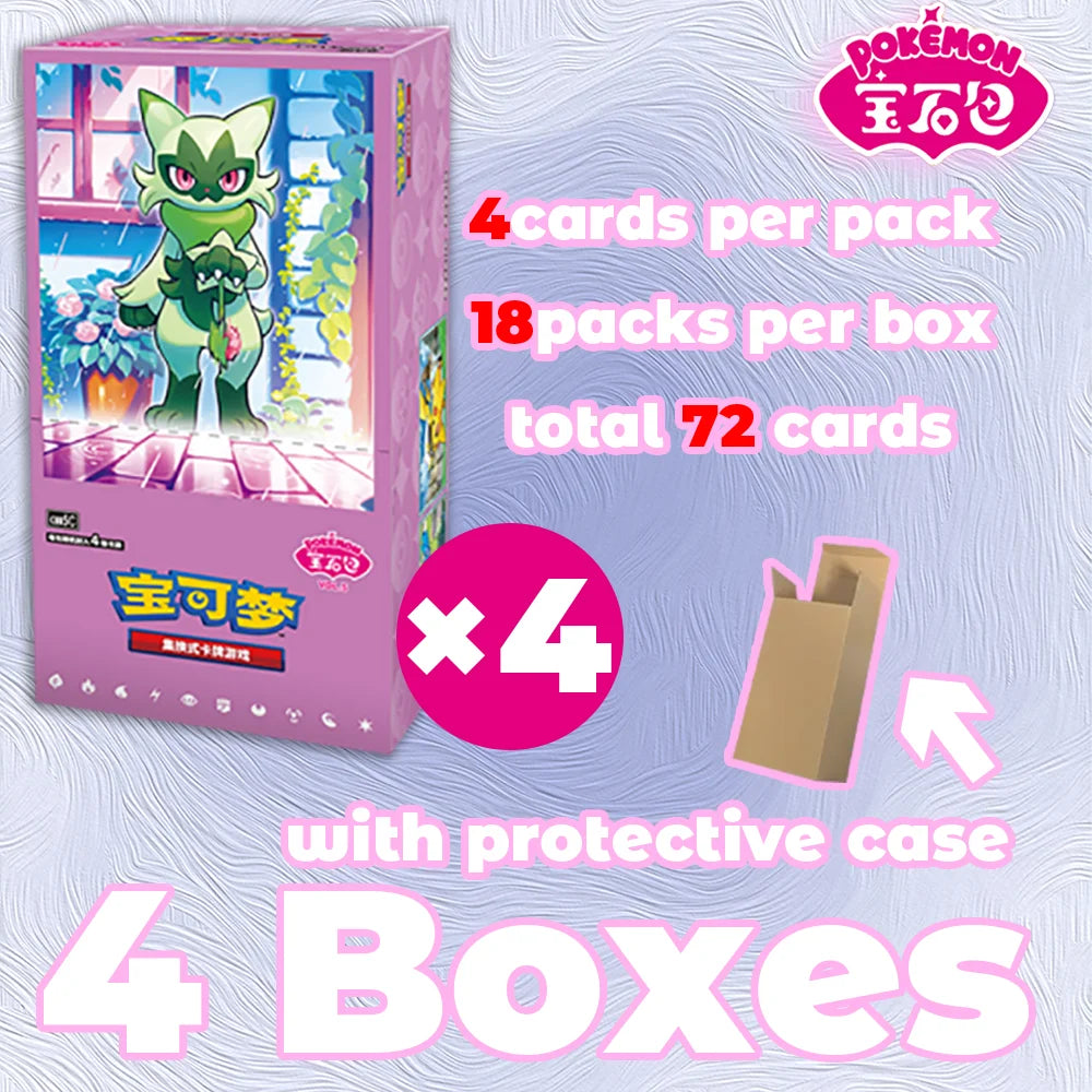 Pink Pokémon Gem Pack 5 Booster Box featuring Meowscarada, with text stating 4 cards per pack, 18 packs, and 72 total cards.
