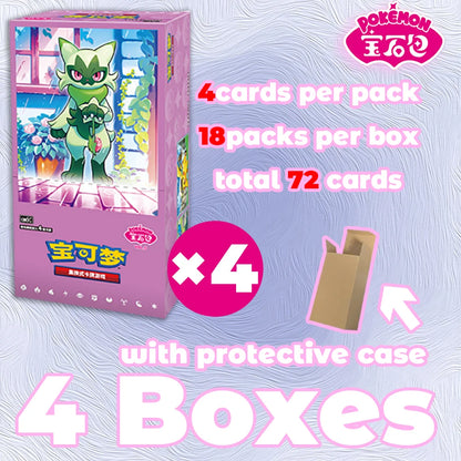 Pink Pokémon Gem Pack 5 Booster Box featuring Meowscarada, with text stating 4 cards per pack, 18 packs, and 72 total cards.