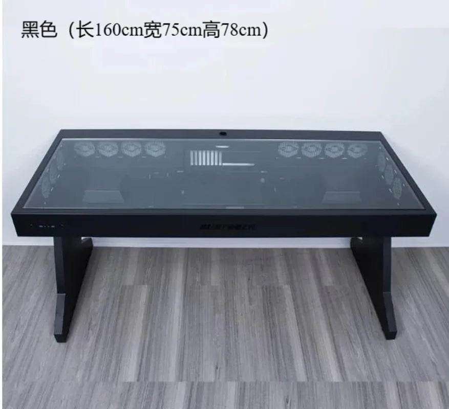Black computer desk with a glass top revealing internal PC components and multiple cooling fans.