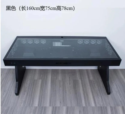 Black computer desk with a glass top revealing internal PC components and multiple cooling fans.