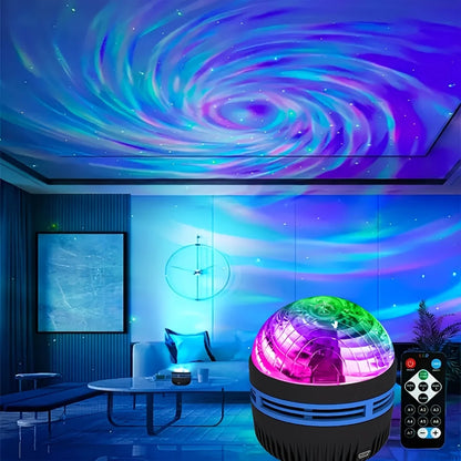 Galaxy lamp projector casting a blue and purple nebula on a ceiling, with a remote control.