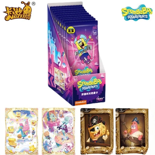 Purple SpongeBob card box display with foil packs and four sample cards below, featuring Spongebob and Patrick.