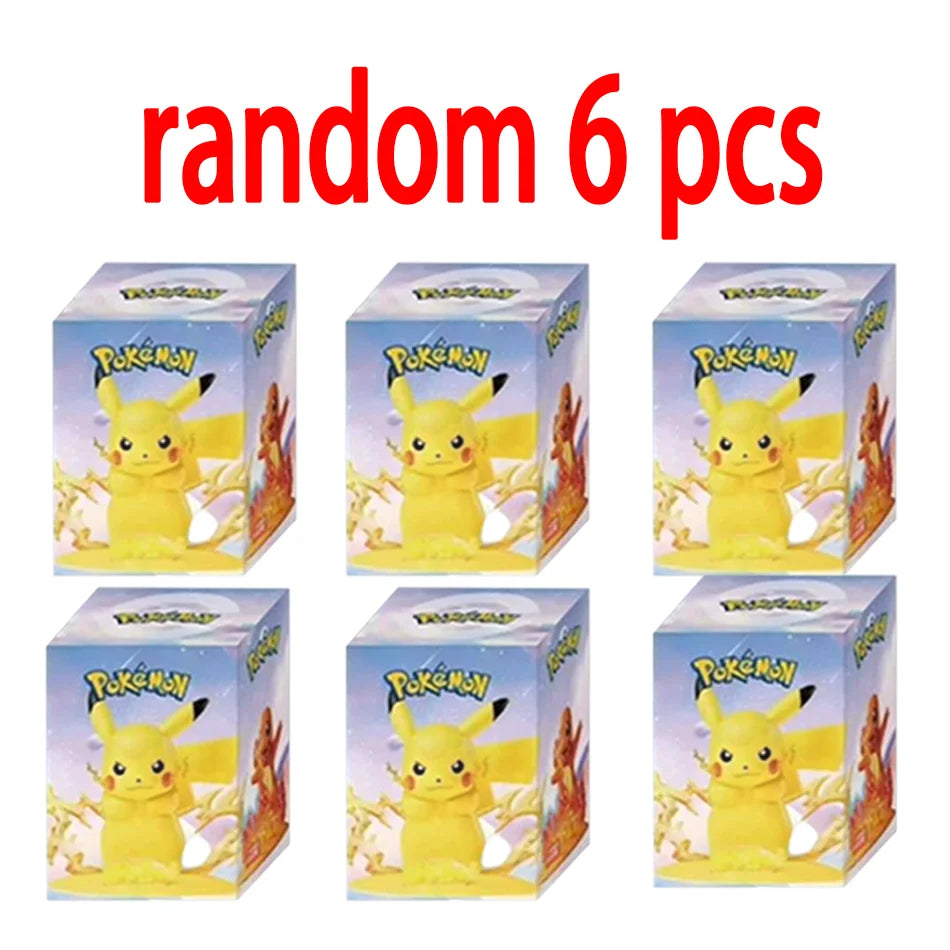 Six identical Pokemon Pikachu blind boxes feature a yellow Pikachu graphic and the Pokémon logo, with red text reading "random 6 pcs".