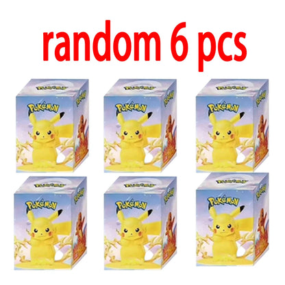 Six identical Pokemon Pikachu blind boxes feature a yellow Pikachu graphic and the Pokémon logo, with red text reading "random 6 pcs".