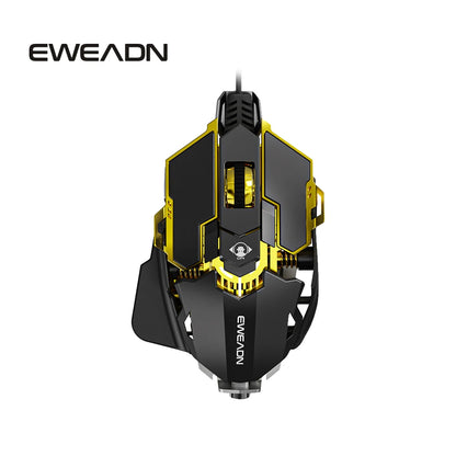 EWEADN G5 black and gold wired gaming mouse with angular, mechanical design and thumb rest.
