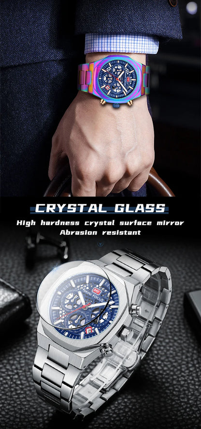MINI FOCUS Motley Chronograph Quartz Watches Men Stainless Steel Business Sport Wristwatch with Luminous Hands Auto Date 0411