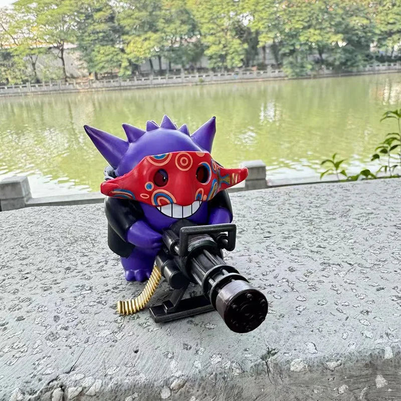 A purple spiky figure wearing a red patterned mask holds a black Gatling gun, outdoors.