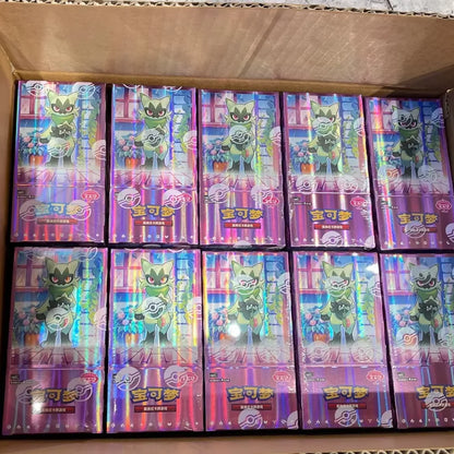 Ten sealed purple Pokémon booster boxes featuring Sprigatito in a cardboard shipping box.