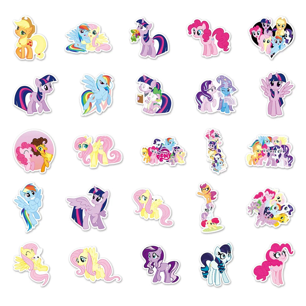 A collection of colorful My Little Pony stickers featuring various characters in playful poses.