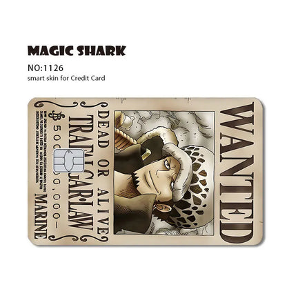 Anime wanted poster card skin featuring Trafalgar Law in sepia tones with bold text.