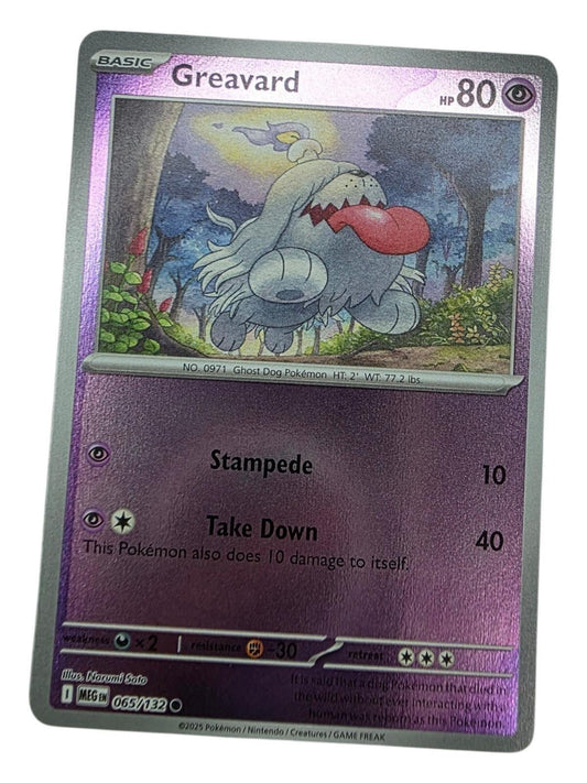 Greavard Common Pokémon card with a holographic purple finish and a ghost dog illustration.