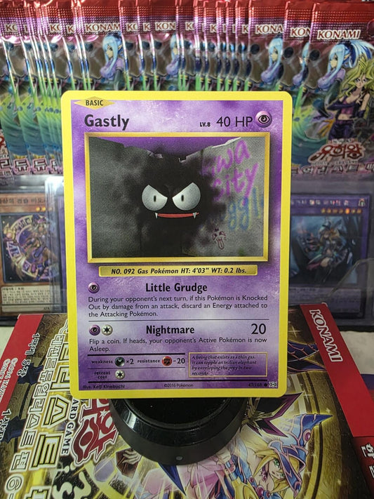 Purple and yellow Gastly Pokémon card with 40 HP and attacks Little Grudge and Nightmare.