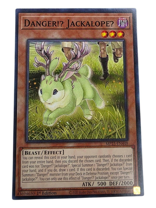 Danger!? Jackalope? 1st Edition Yu-Gi-Oh! card showing a green horned rabbit running through grass.