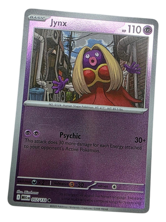 Jynx Psychic Pokémon trading card showing Jynx in an alleyway with blonde hair and red dress.