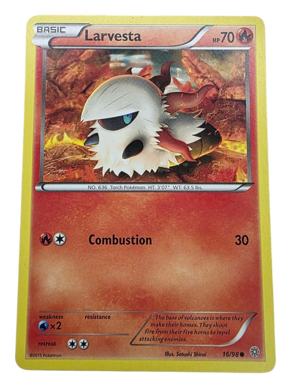 Larvesta 70 HP Basic Pokémon card featuring a fuzzy, white and red insectoid creature in a rocky, fiery landscape.