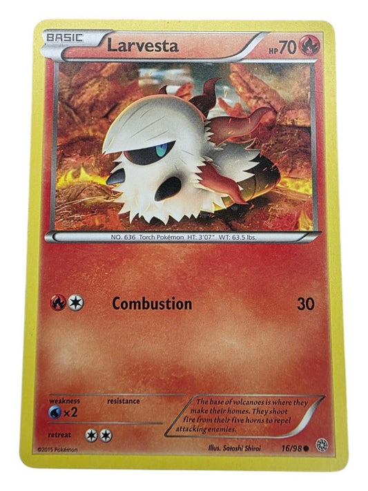 Larvesta 70 HP Basic Pokémon card featuring a fuzzy, white and red insectoid creature in a rocky, fiery landscape.