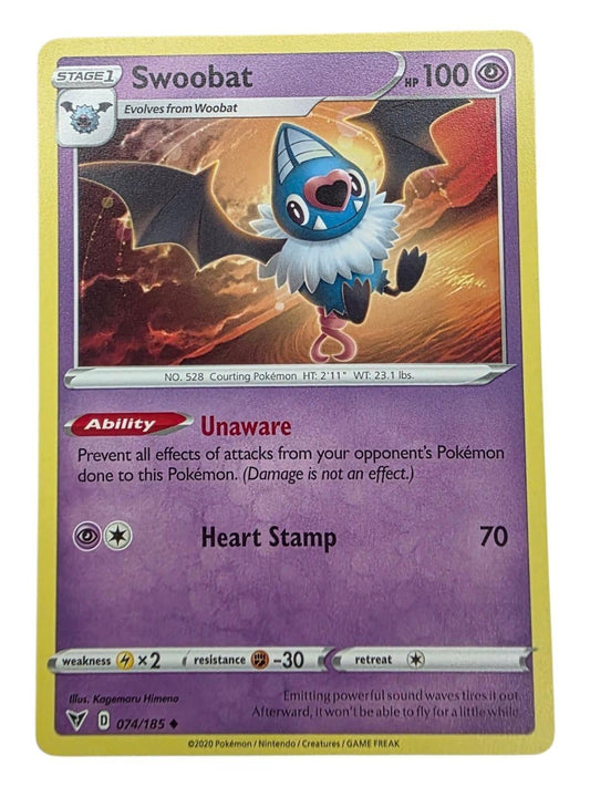 Swoobat Pokémon card, Vivid Voltage 074/185, showing the purple psychic-type character against a fiery sky background.