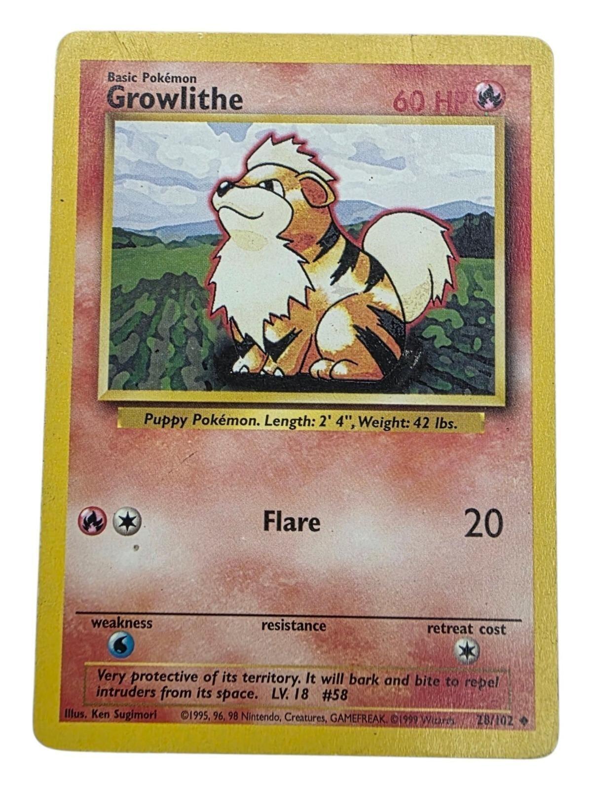 Shadowless Base Set Growlithe 28/102 uncommon Pokemon trading card.